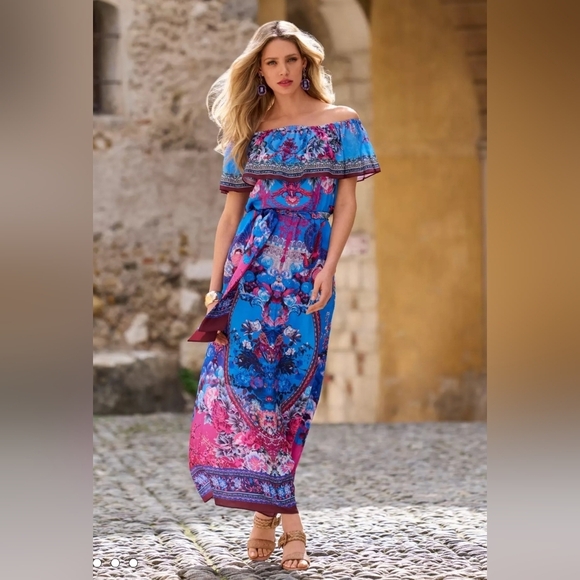 Boston Proper Dresses & Skirts - Boston Proper Rhinestone Ruffle Peacock Floral Off The Shoulder Maxi Dress